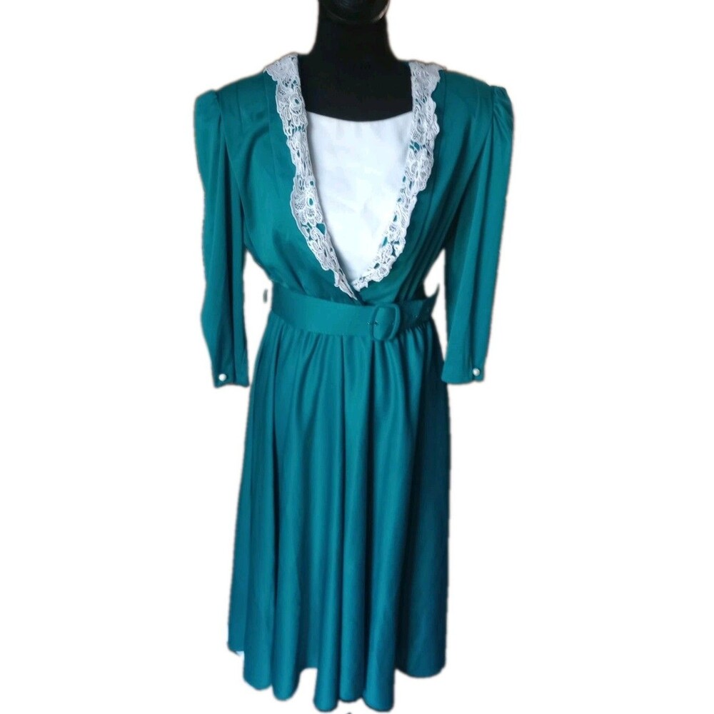 Whirlaway Frocks Women's 8P Green Midi Dress Withl Contrasting White & Belt, Vtg